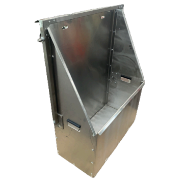 Metall-Aufbewahrungsbehälter, silberfarben, mit abgewinkelten Seiten und einem herunterziehbaren Griff.