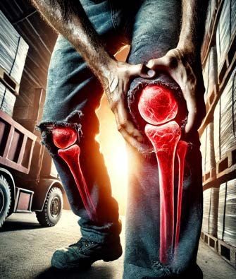 Mann hält sich vor Schmerzen die Knie; rot hervorgehobene Knieknochen. Lagerhaus mit LKW.