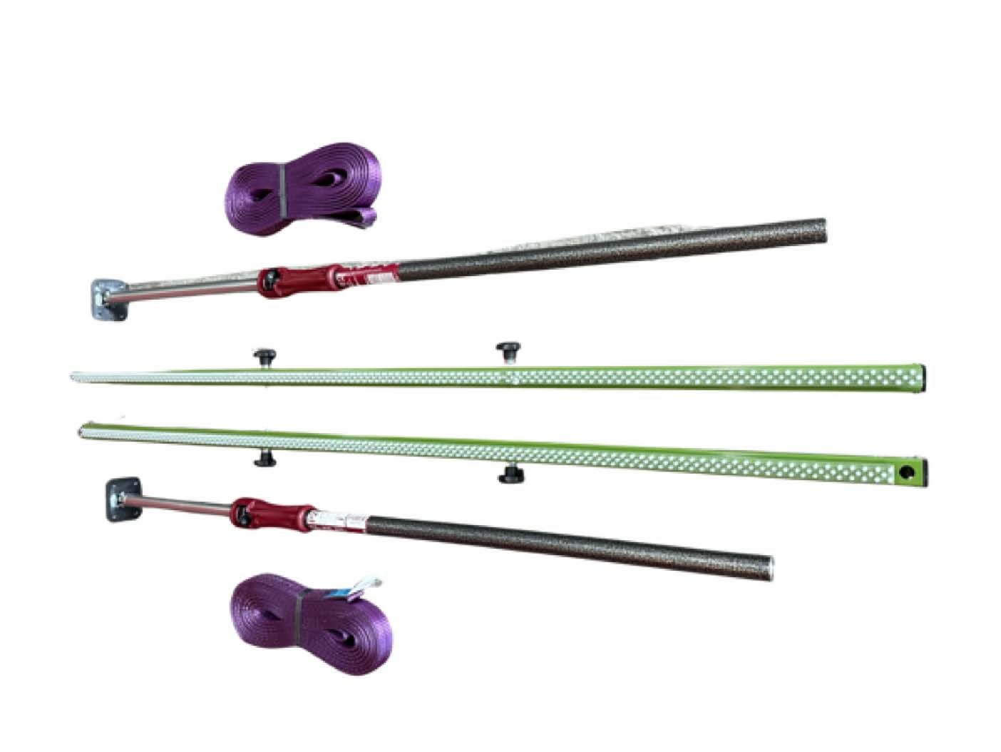 Kiteboarding-Steuerleiste und -Leinen, schwarze und grüne Balken, violette Schwimmkörper, weißer Hintergrund.