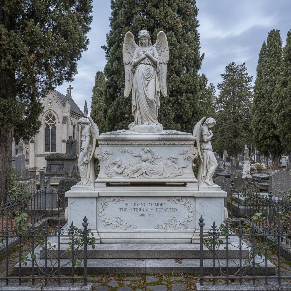 Statue d'ange surmontant un monument funéraire blanc orné dans un cimetière, encadrée par de grands arbres et une clôture en fer.