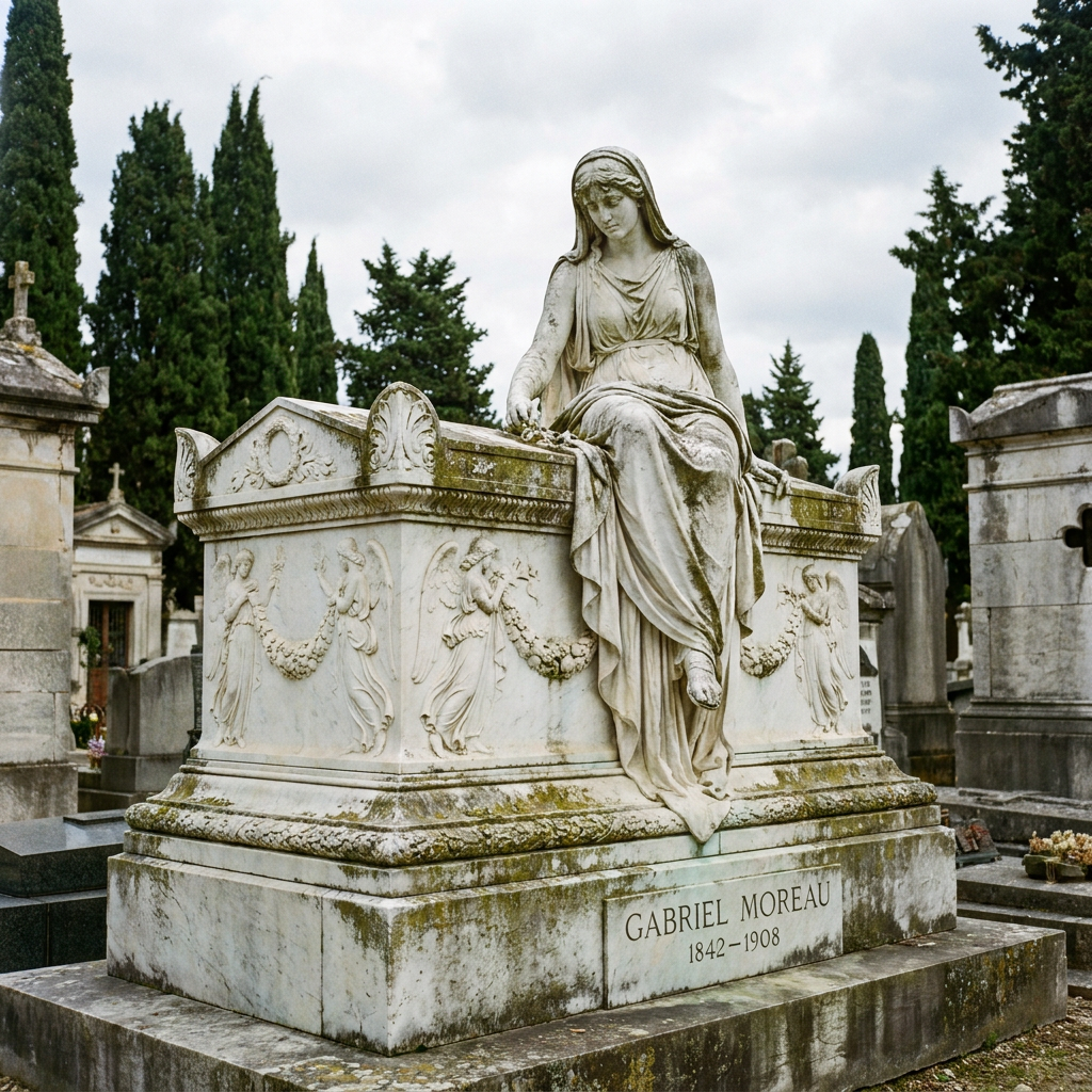 Statue d'ange en marbre blanc sur une tombe dans un cimetière, avec des arbres et un ciel nuageux en arrière-plan.