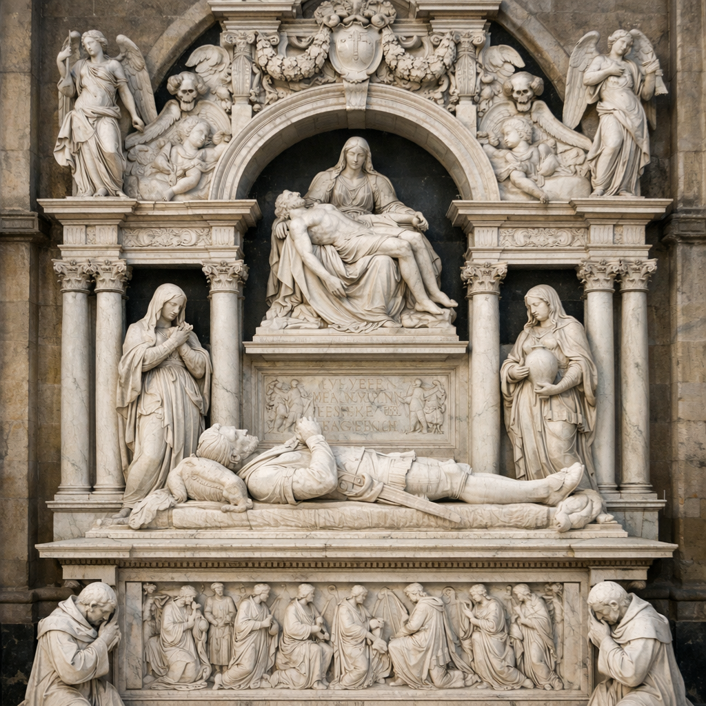 Sculpture religieuse en marbre représentant une figure allongée sous une Vierge à l'Enfant assise, encadrée par des colonnes ornées