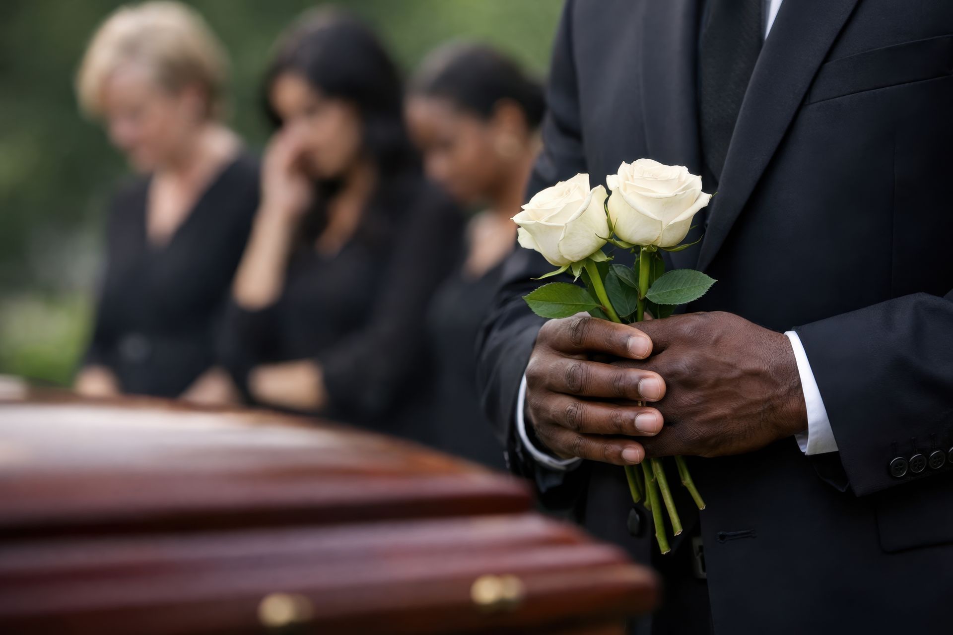 Des personnes en deuil se tiennent près d'un cercueil ; l'une d'elles tient des roses blanches dans un cadre funéraire.