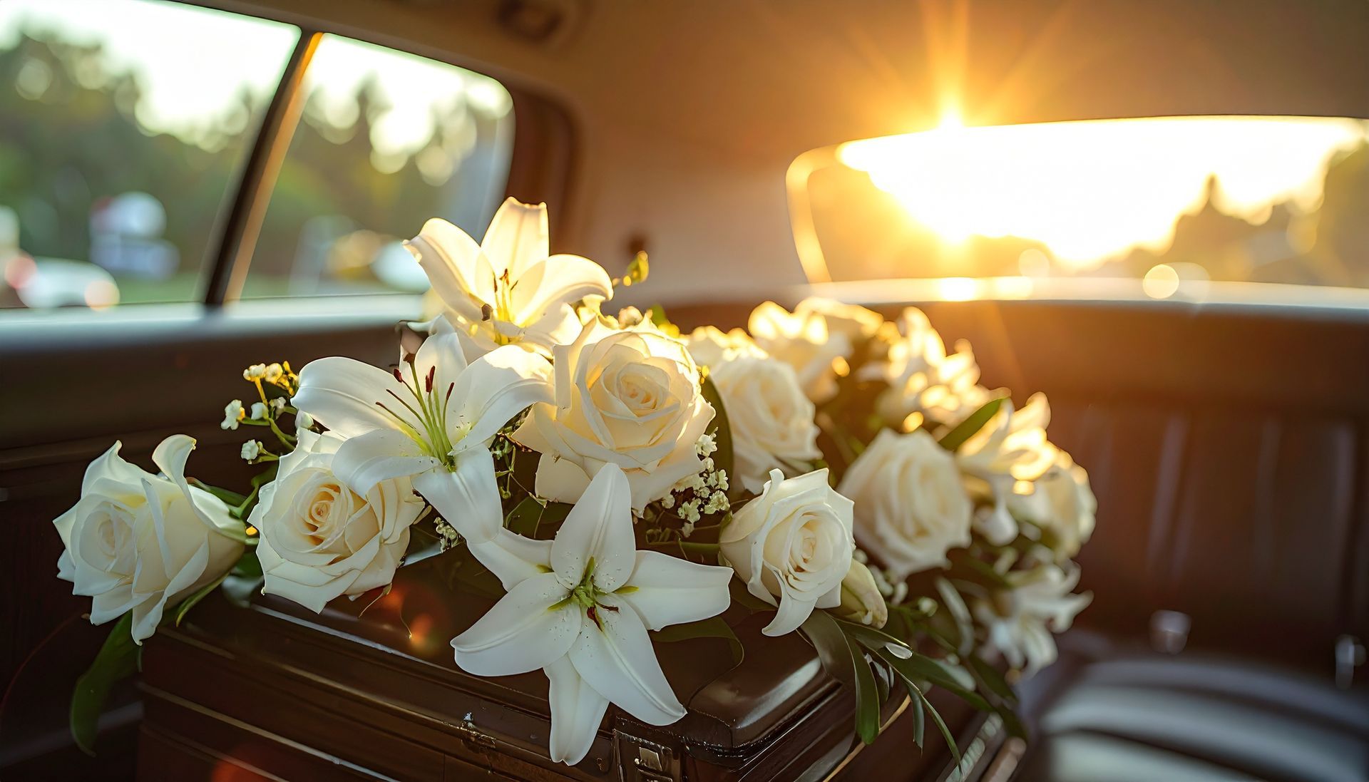 Des fleurs blanches dans une voiture, éclairées par la douce lumière du coucher de soleil près de la fenêtre.
