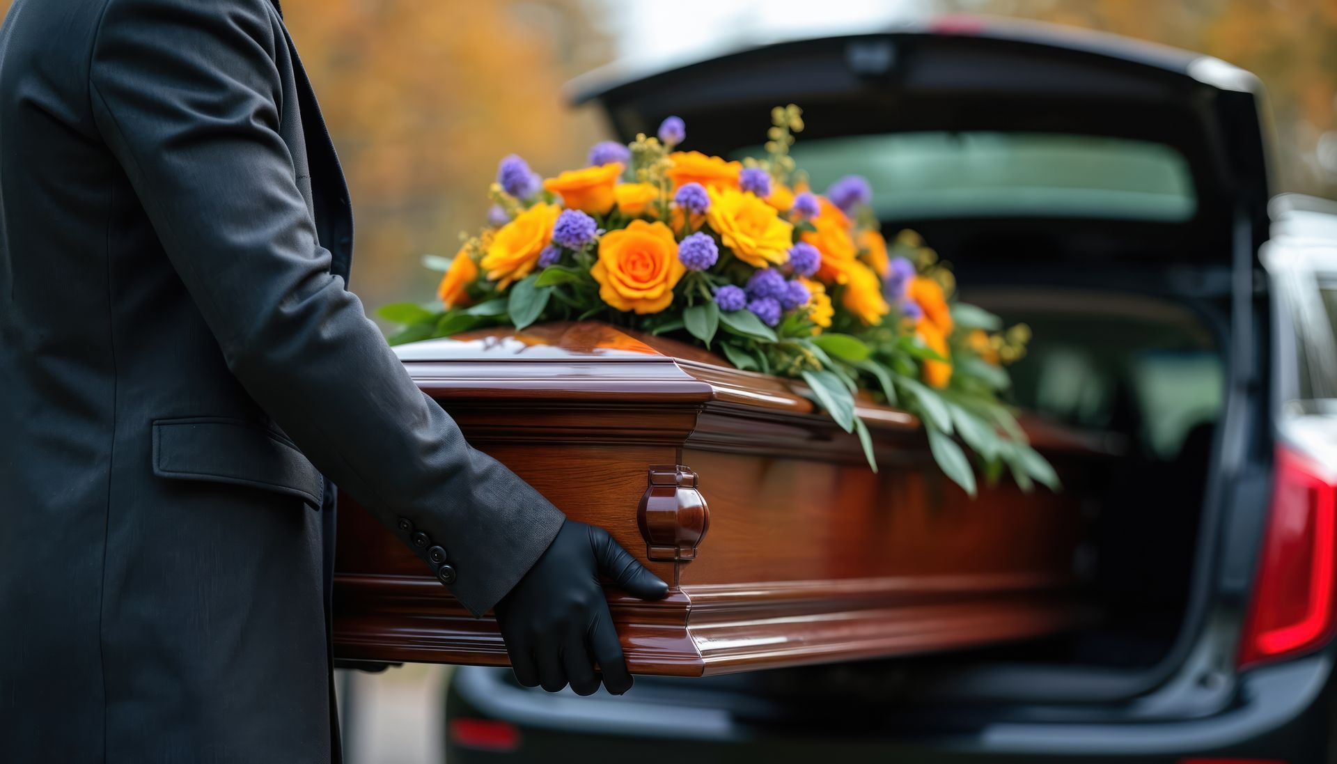 Un porteur charge un cercueil en bois recouvert de fleurs dans un corbillard