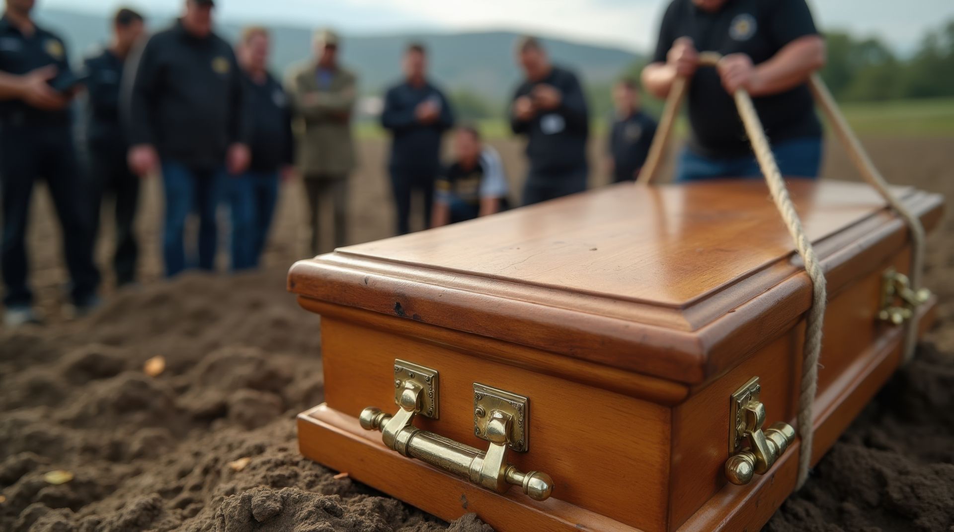Un cercueil en bois descendu dans une tombe par plusieurs personnes en deuil