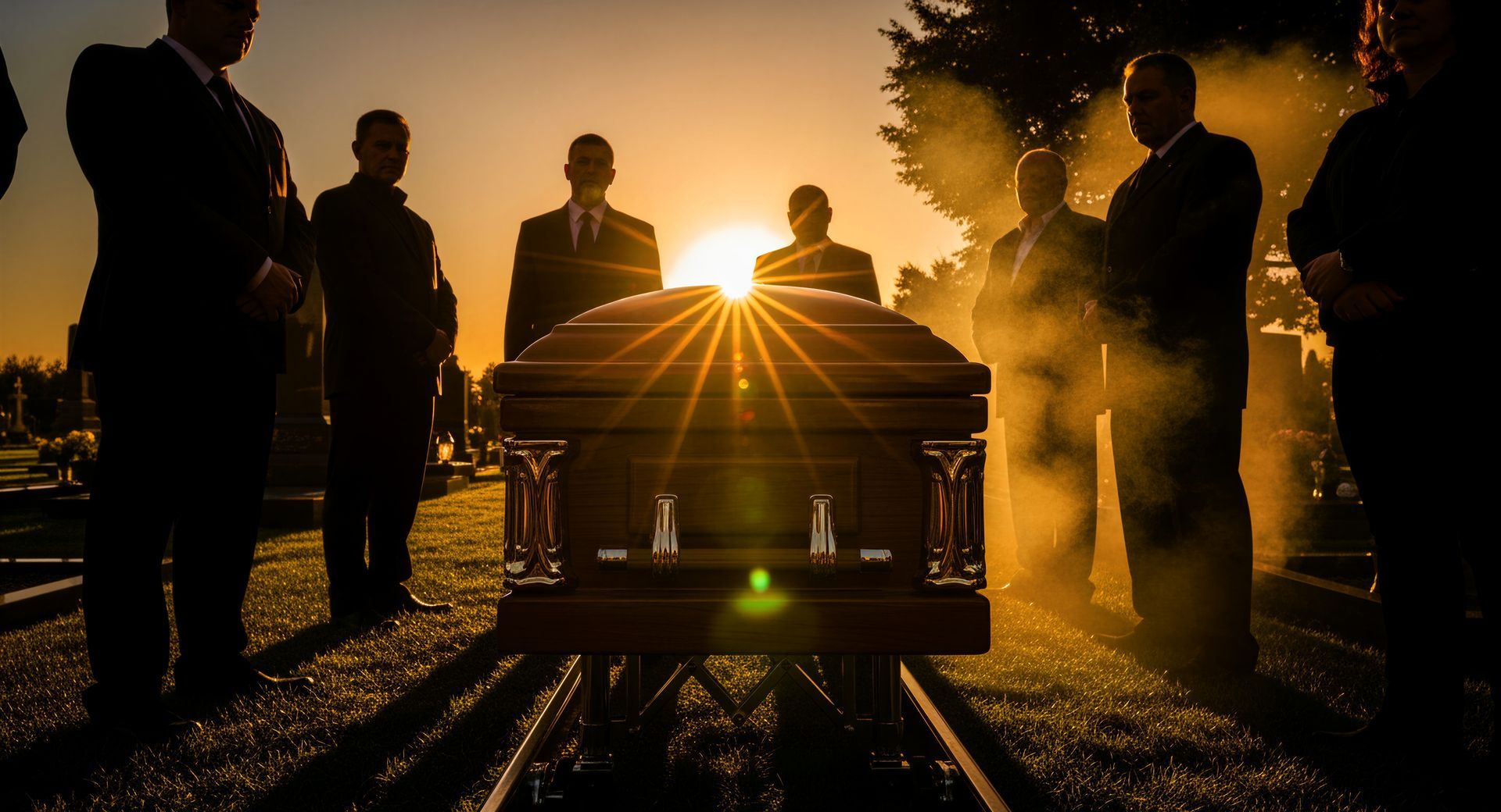 Des silhouettes de personnes portant un cercueil au coucher du soleil, avec des rayons de soleil sur un chemin de cimetière.