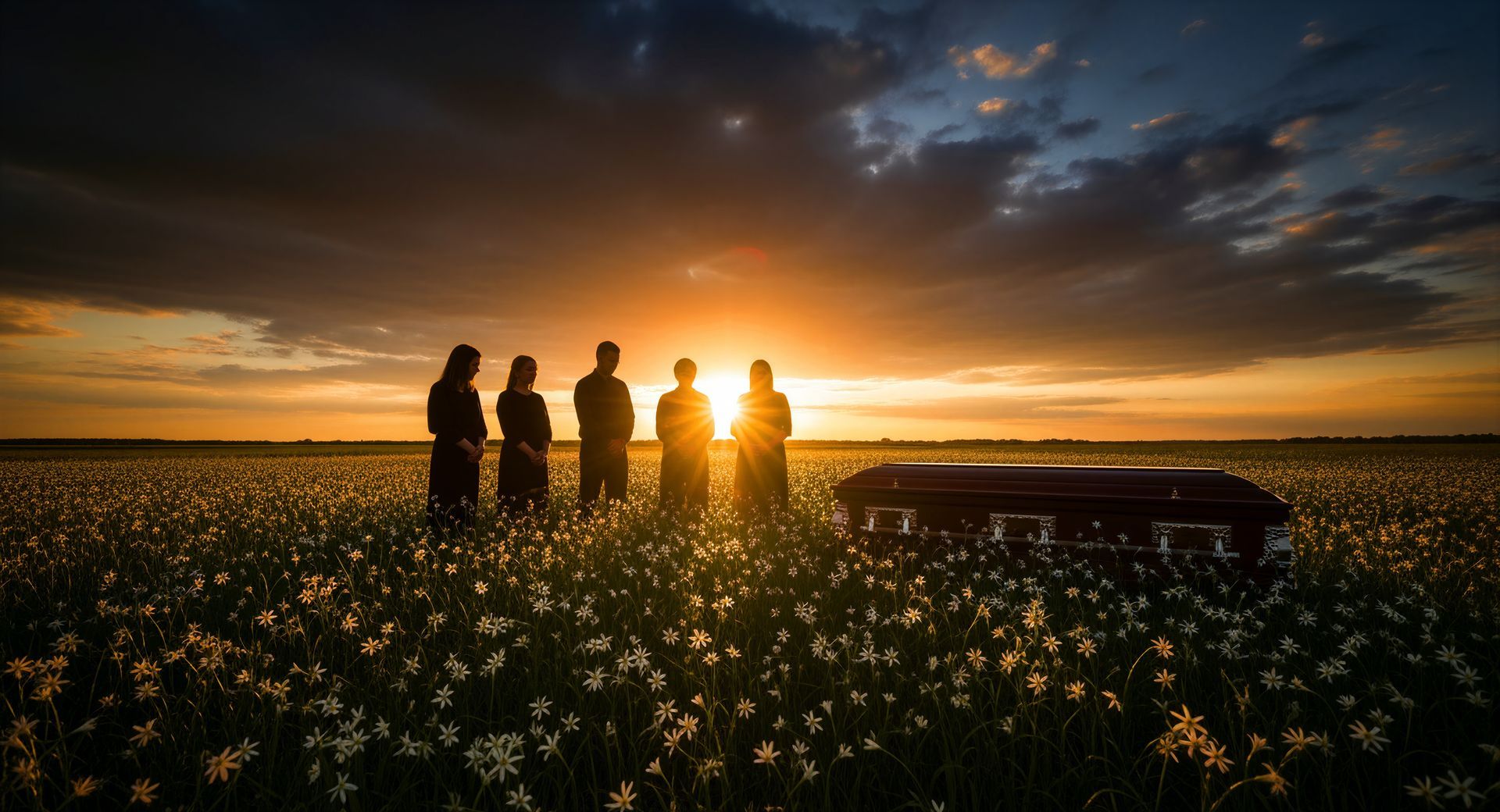 Des silhouettes de personnes se détachent dans un champ au coucher du soleil, à côté d'une voiture, sous un ciel nuageux dramatique.