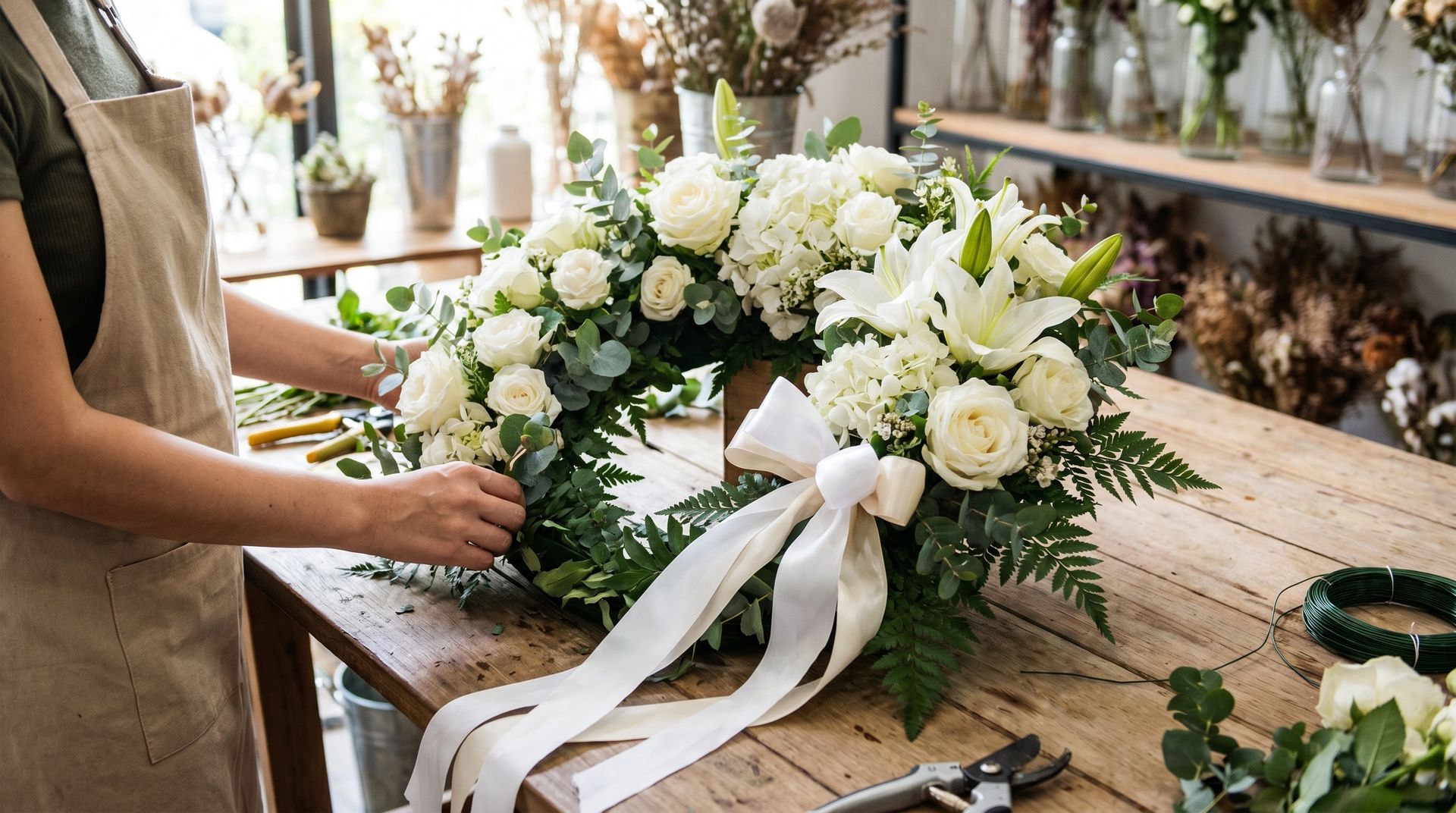 Une personne arrange une couronne de fleurs blanches avec un ruban sur une table en bois dans une boutique de fleurs.