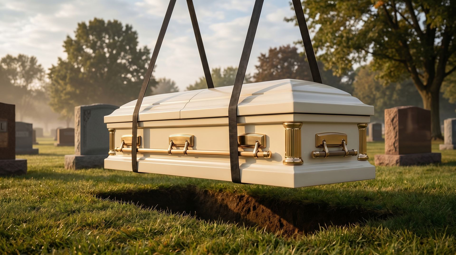 Un cercueil blanc est descendu dans une tombe lors d'une cérémonie funéraire dans un cimetière.
