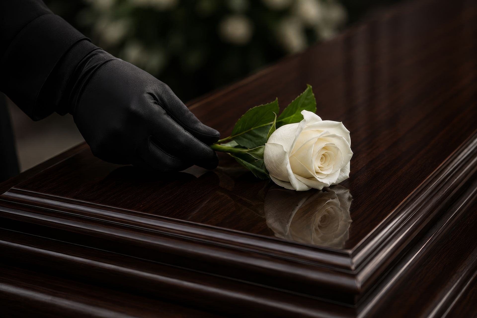 Une main gantée de noir dépose une rose blanche sur un cercueil en bois poli