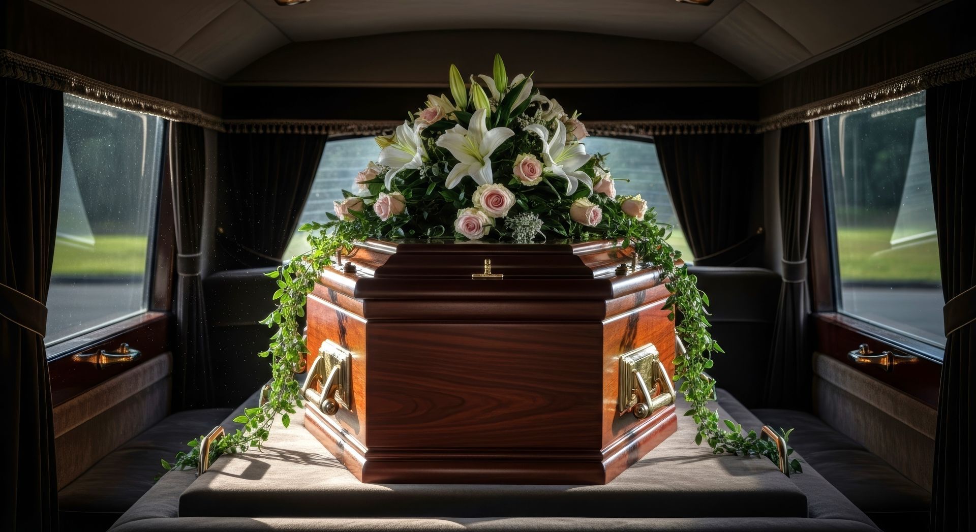 Cercueil orné de fleurs blanches et roses à l'intérieur d'un corbillard, éclairé par la lumière du jour à travers les fenêtres latérales