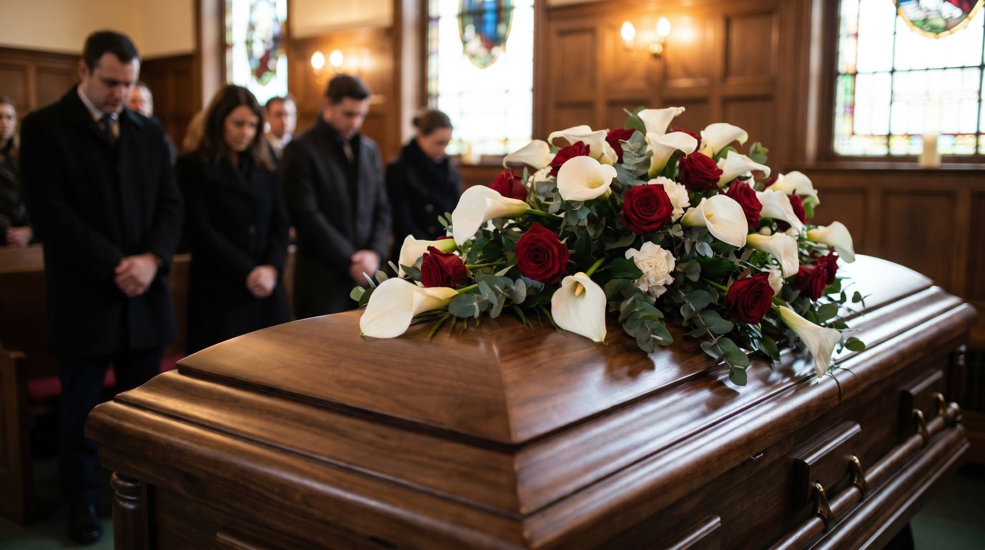 Dans une église, des personnes en deuil se tiennent près d'un cercueil poli recouvert de fleurs rouges et blanches.