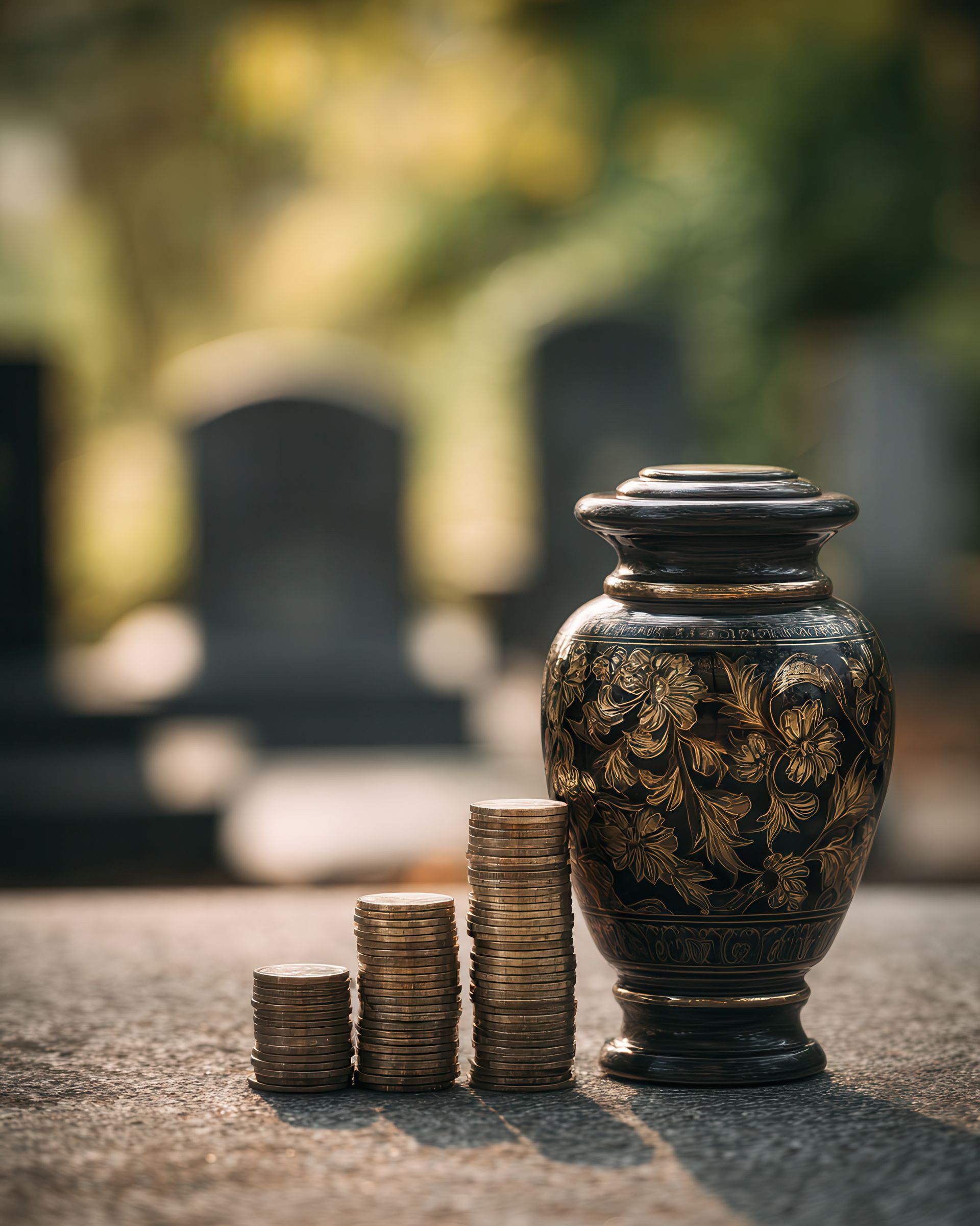 Des pièces de monnaie empilées à côté d'une urne sombre et ornée, posée sur une surface en pierre, avec un cimetière flou en arrière-plan.