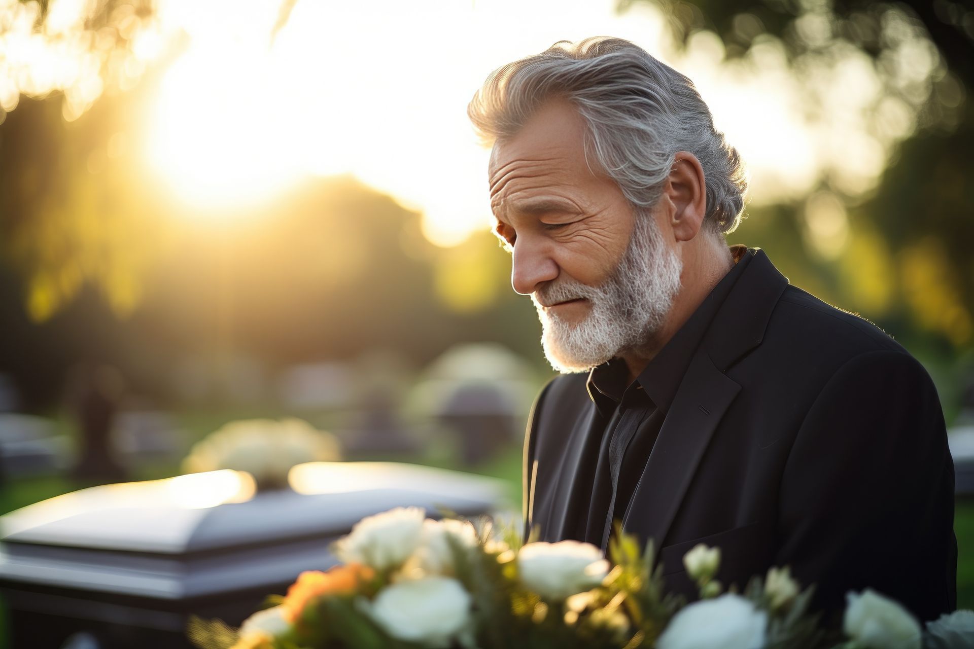 Un homme se tient près d'une tombe fleurie, le regard baissé dans un cimetière ensoleillé.