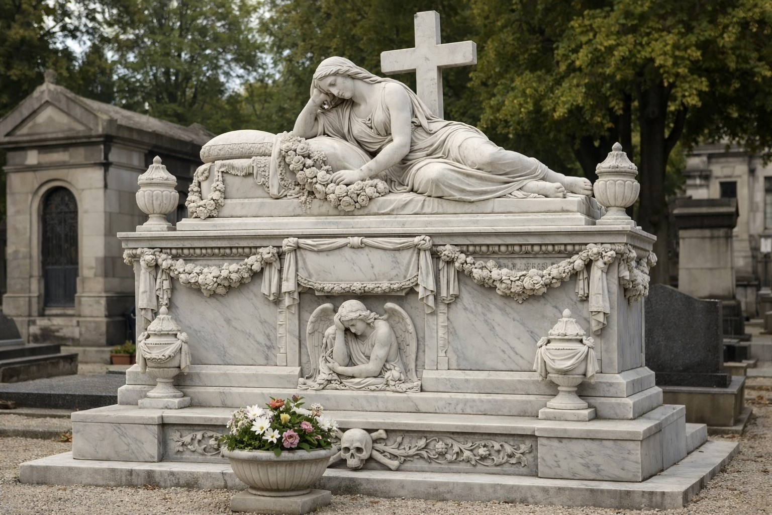 Monument funéraire en marbre blanc orné de fleurs dans un cimetière