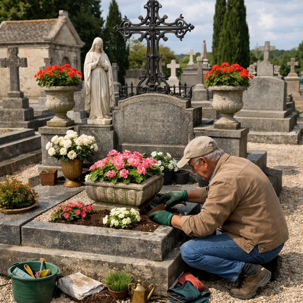 Personne entretenant des fleurs sur une tombe de cimetière, à côté d'une croix et d'une statue en pierre.
