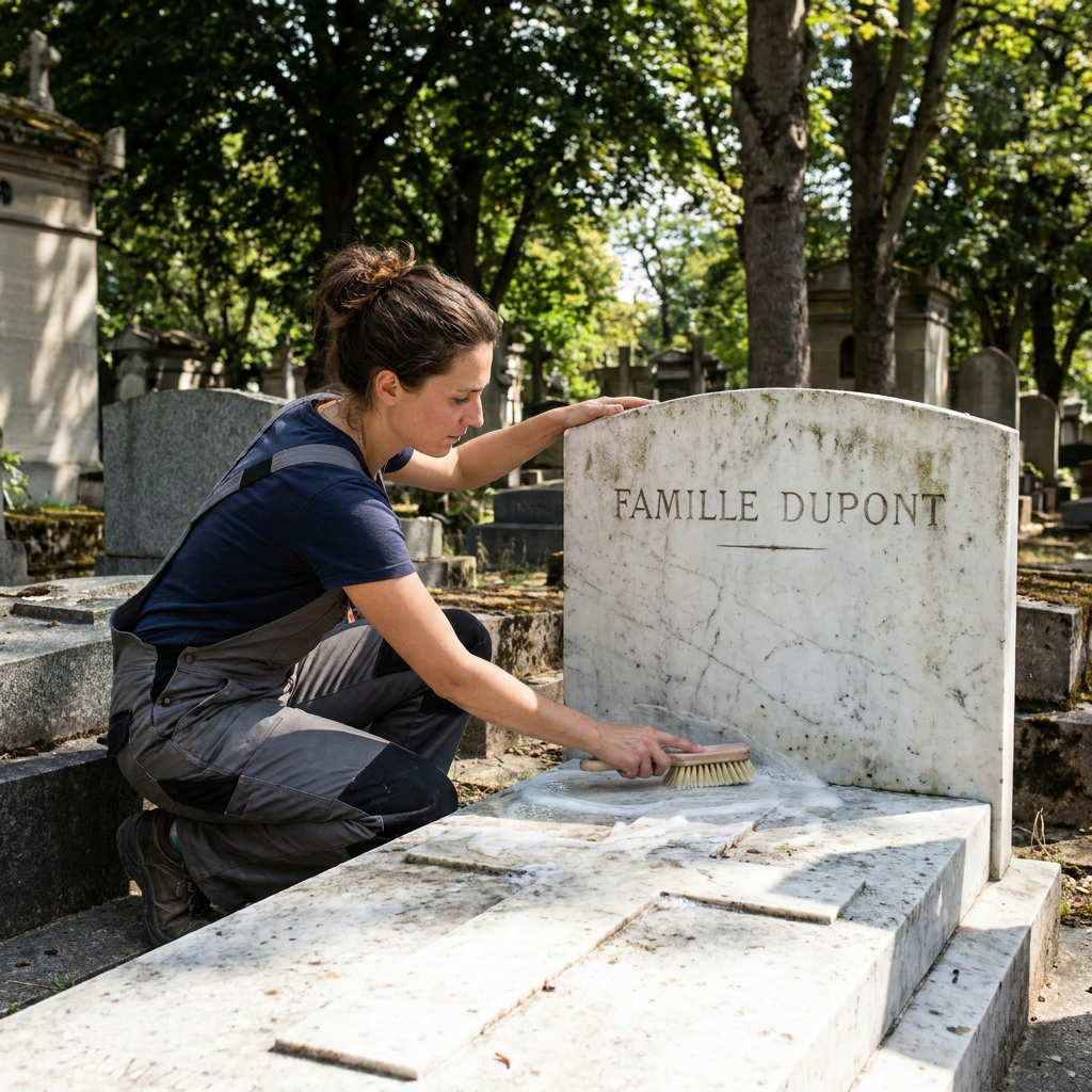 Une personne nettoie une pierre tombale gravée dans un cimetière sous les arbres