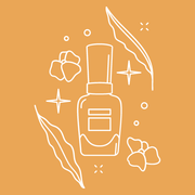 Un dibujo lineal de una botella de esmalte de uñas rodeada de flores y hojas.