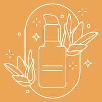 Un dibujo lineal de una botella de loción con hojas y estrellas.