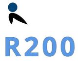 Un cartel azul con una persona y el número r200.