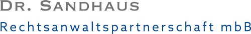 "DR. SANDHAUS Rechtsanwaltspartnerschaft mbB" in grey and blue text.
