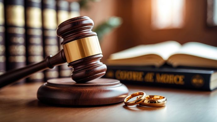 Maillet sur un bloc de bois avec des alliances, des livres et la lumière du soleil, symbolisant le divorce ou la séparation légale.