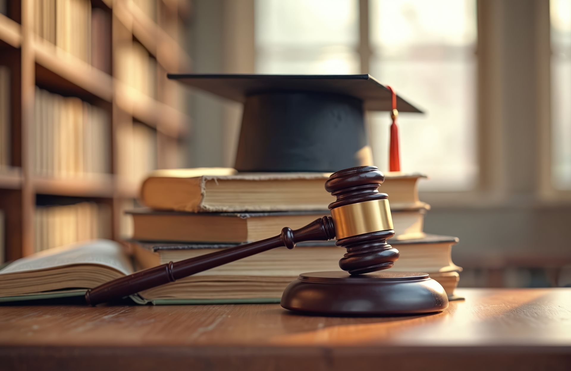 Maillet, livres de droit, capuchon de mortier sur une table en bois dans un décor de bibliothèque.