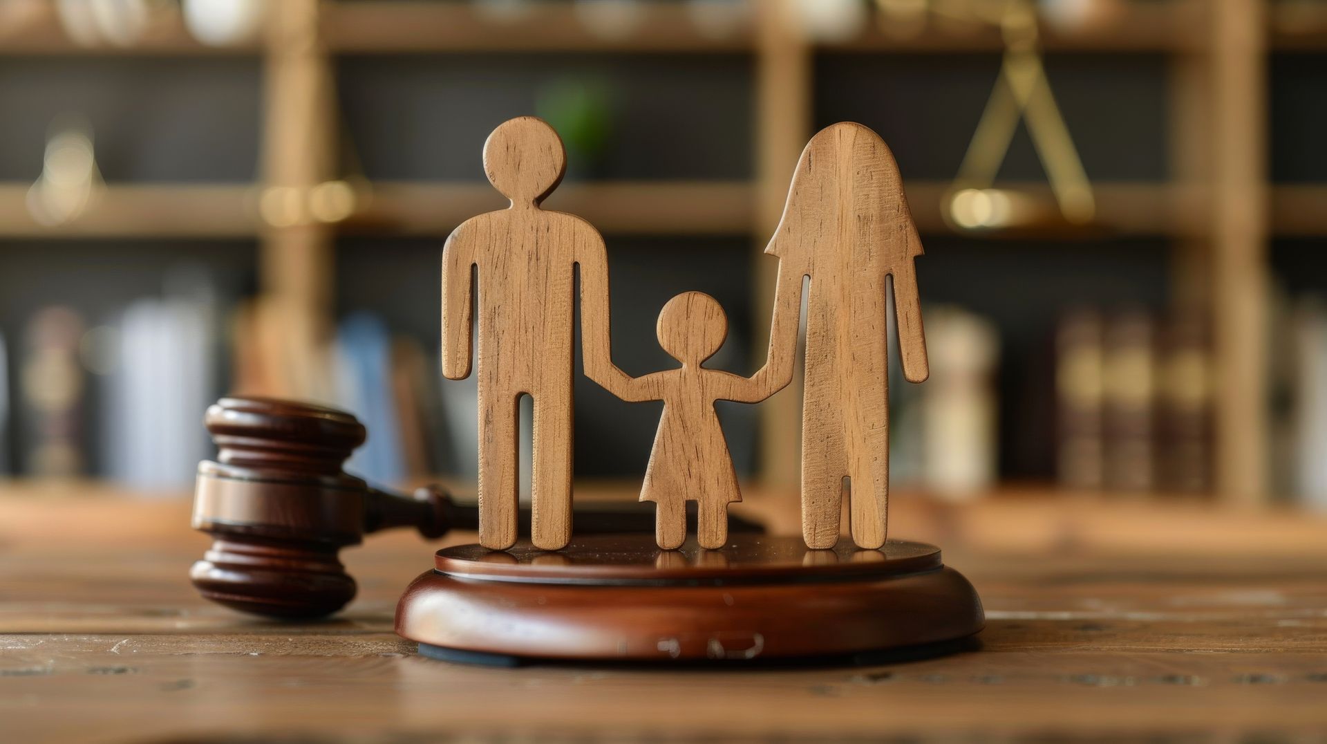 Figurines familiales en bois et marteau sur un bureau, symbolisant le droit de la famille.