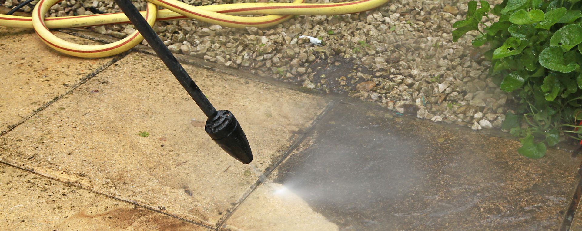 Un nettoyeur haute pression pulvérise de l'eau sur une terrasse en béton, à côté d'un tuyau jaune et d'arbustes verts.