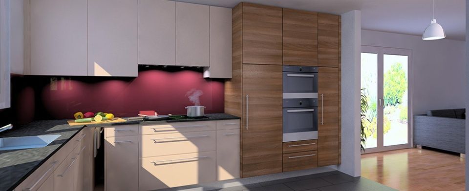 Ein künstlerischer Eindruck einer Küche mit weißen Schränken und Holzschränken