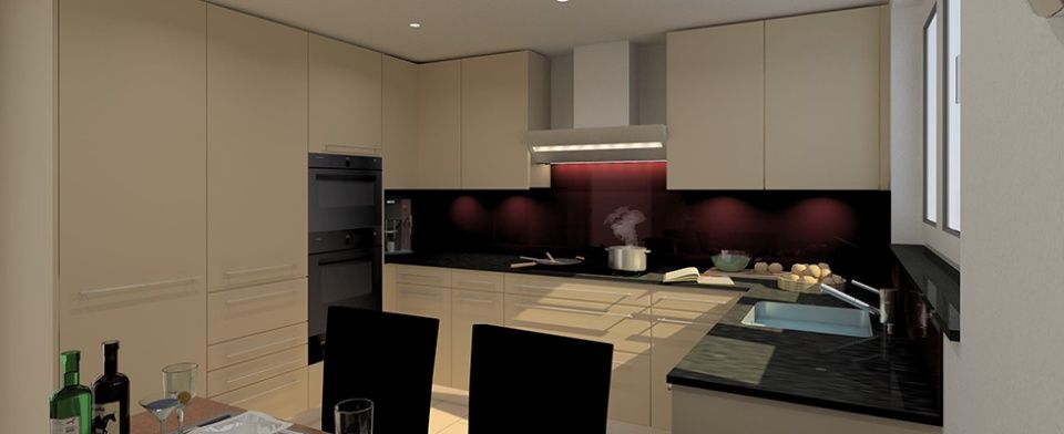 Ein computergeneriertes Bild einer Küche und eines Esszimmers