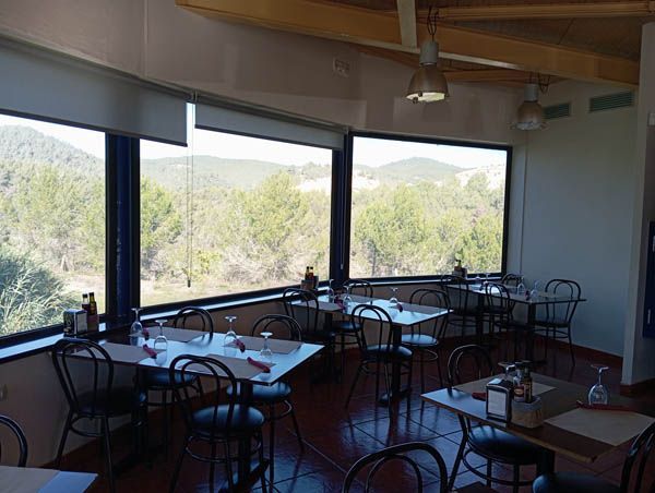 Un restaurante con mesas y sillas y vista a un bosque.