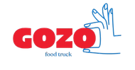 Texto rojo "GOZO" con "camión de comida" debajo, mano azul sosteniendo un cuadrado.