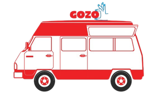 Furgoneta camper roja y blanca con logotipo