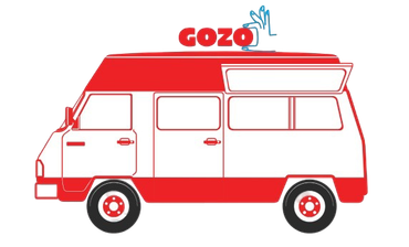 Furgoneta camper roja y blanca con logotipo 