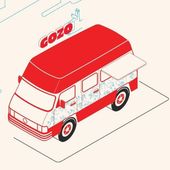 Furgoneta de comida Gozo roja y blanca, ventana lateral abierta, estampado floral.