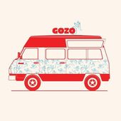 Furgoneta roja y blanca con estampado azul. Etiqueta