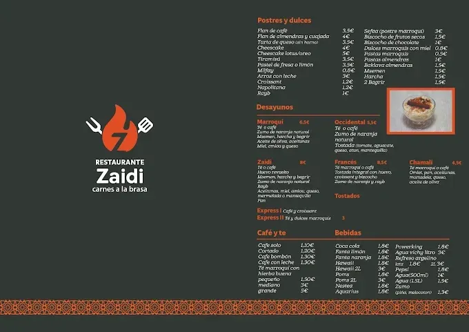 Menú del restaurante Zaldi, con logotipo, categorías de comida y listas detalladas con precios sobre un fondo oscuro.