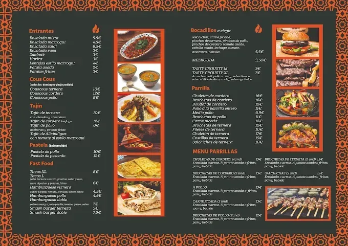 La carta de un restaurante presenta una lista de platos en francés, dispuesta en dos columnas con pequeñas fotos.