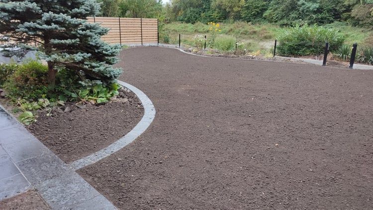 Parterre de jardin aménagé avec bordure, jouxtant une allée pavée et un arbre à feuilles persistantes.
