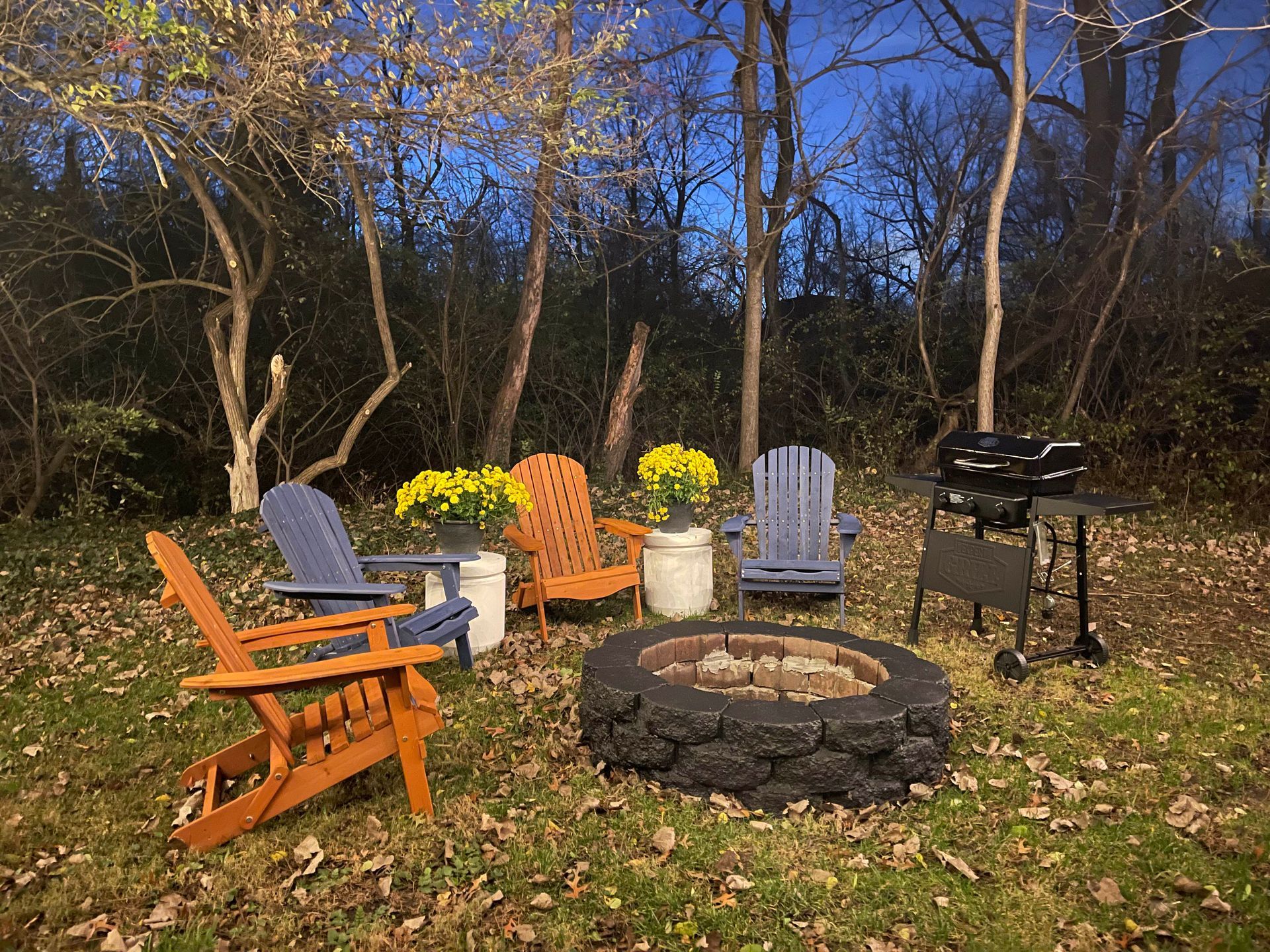 A group of chairs are sitting around a fire pit in a yard.