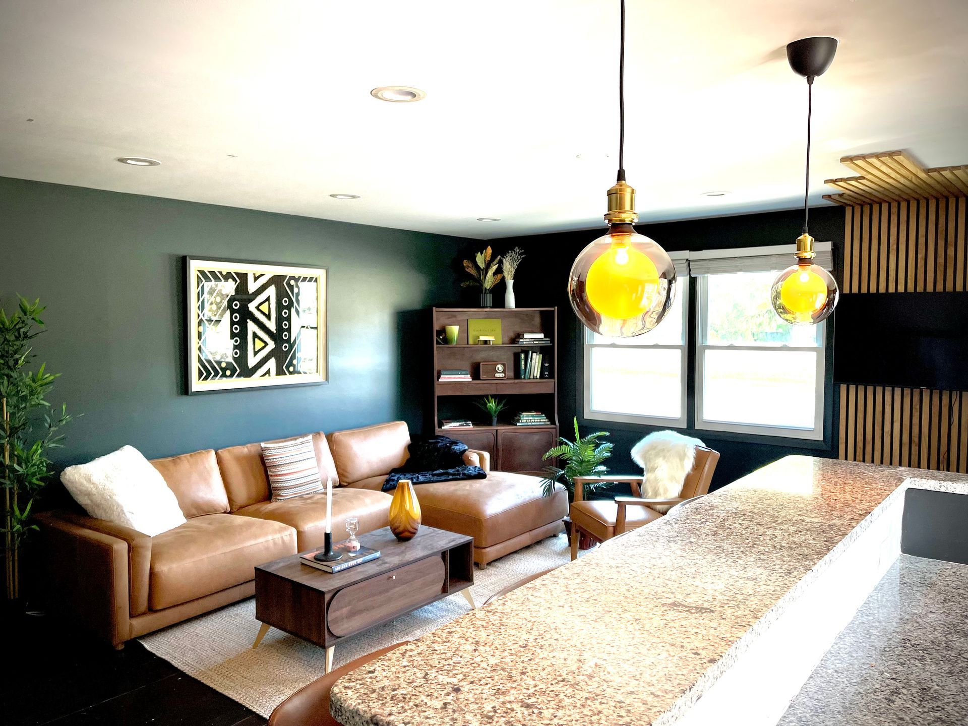 A living room with a couch and a coffee table
