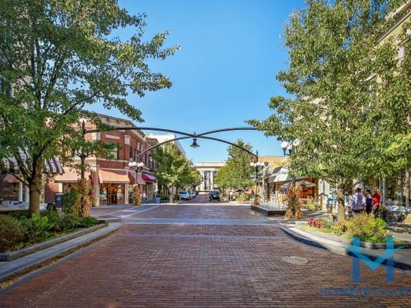 A brick street in a small town with trees and buildings on both sides.