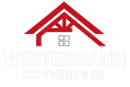Logo de Westermann Couverture présentant une icône de toit rouge stylisée au-dessus du texte blanc « WESTERMANN COUVERTURE ».