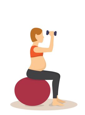 Una mujer embarazada está sentada sobre una pelota de pilates y levanta mancuernas.