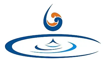 Un logotipo azul y naranja con una gota de agua en el medio.