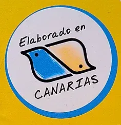 Una pegatina con dos pájaros que dice elaborado en canarias
