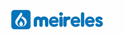 Un logotipo azul para Meireles sobre un fondo blanco.