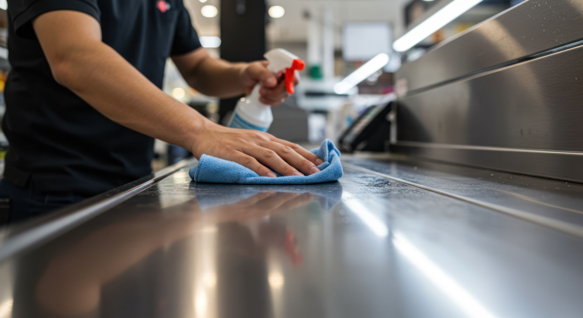 Un chiffon bleu sur un plan de travail en inox.